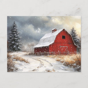 Rustikale Rote Barne Winter Landschaftliche Kunst Postkarte