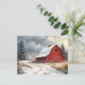 Rustikale Rote Barne Winter Landschaftliche Kunst Postkarte (Stehend Vorderseite)