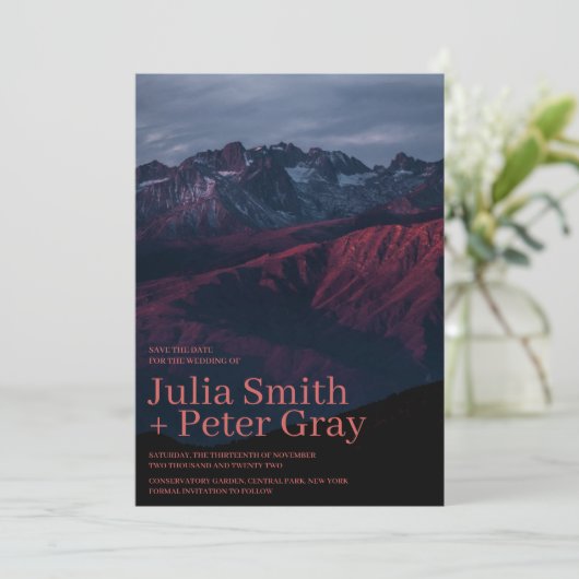 Rustikale Rote Berge Save the Date Einladung (Stehend Vorderseite)