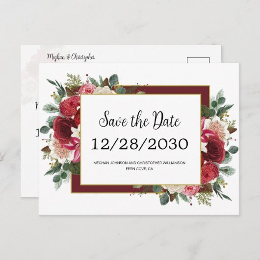 Rustikale Rote Blume Winterhochzeit Save the Date Ankündigungspostkarte (Vorne/Hinten)