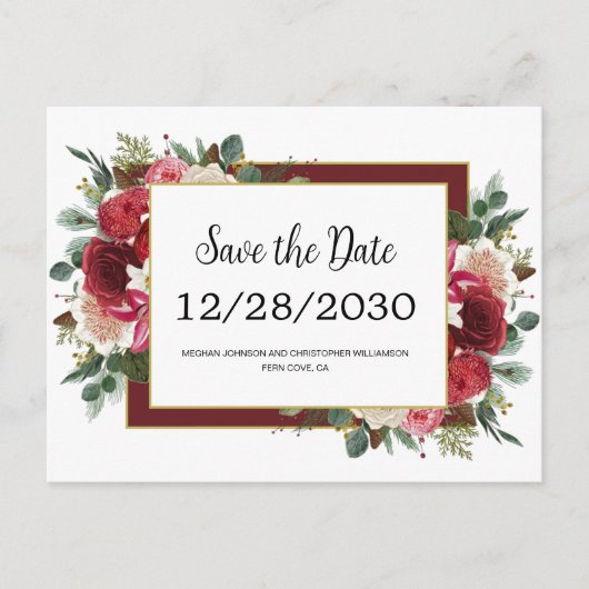 Rustikale Rote Blume Winterhochzeit Save the Date Ankündigungspostkarte (Vorderseite)