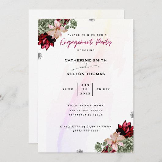 Rustikale Rote Elegante florale Engagement Party Einladung (Vorne/Hinten)