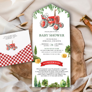 Rustikale rote Farm-Traktor-Baby-Party All In One Einladung