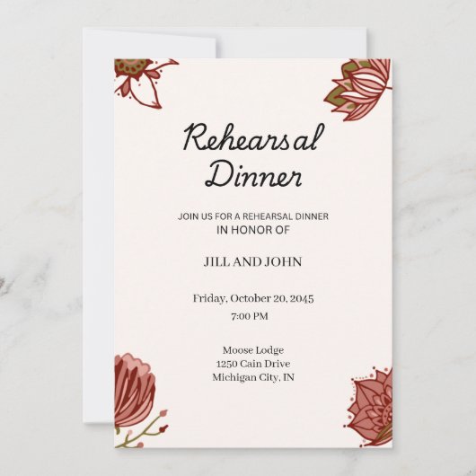 Rustikale rote Floral-Probe-Dinner-Hochzeit Einladung (Vorderseite)