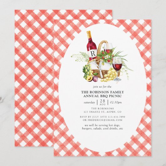 Rustikale Rote Gingham BBQ Picknick Monogramm Einladung (Vorne/Hinten)