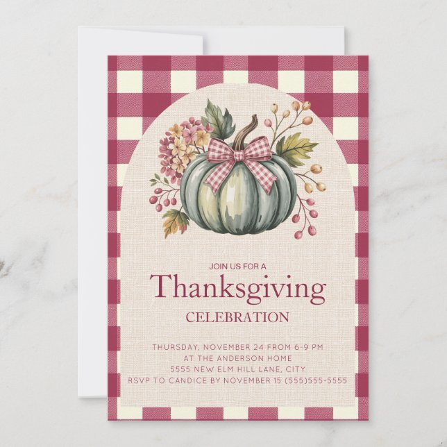 Rustikale rote Gingham-Teal-Kürbis-Danksgiving (Vorderseite)