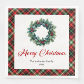 Rustikale rote grüne Karo-Weihnachtskranz-Serviett Serviette (Vorderseite)