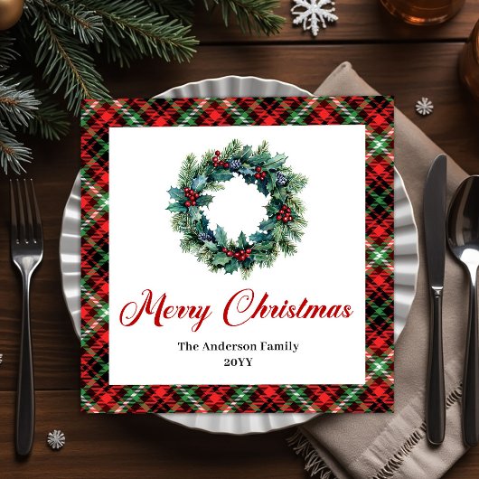 Rustikale rote grüne Karo-Weihnachtskranz-Serviett Serviette