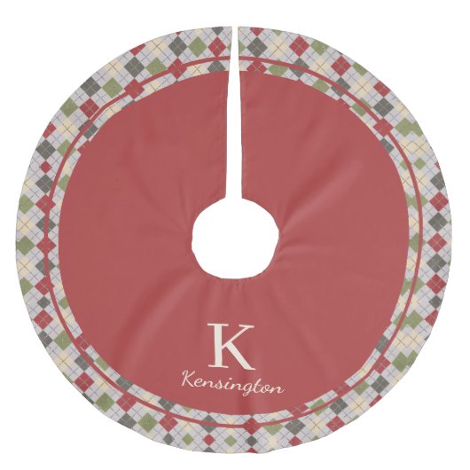 Rustikale Rote Grüne Raute Weihnachtsmonogramm Polyester Weihnachtsbaumdecke (Vorderseite)