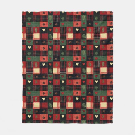 Rustikale Rote Grünen Karierte Herzen Weihnachtsfe Fleecedecke (Vorderseite)