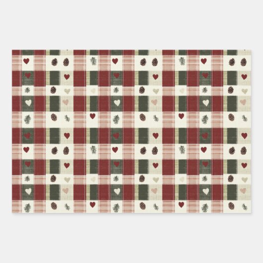Rustikale Rote Grünen Karierte Herzen Weihnachtsfe Geschenkpapier Set (Vorderseite 3)