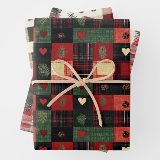Rustikale Rote Grünen Karierte Herzen Weihnachtsfe Geschenkpapier Set (Beispiel)