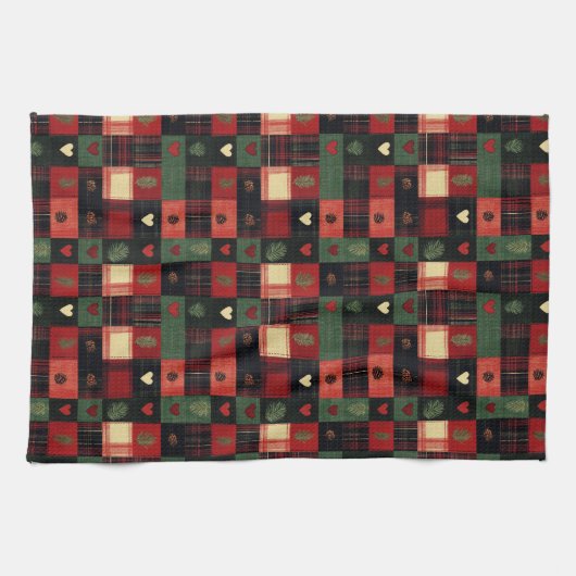 Rustikale Rote Grünen Karierte Herzen Weihnachtsfe Geschirrtuch (Horizontal)