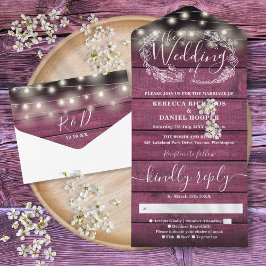 Rustikale rote Holz-Lichterkette für die Hochzeit All In One Einladung