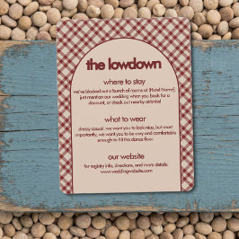 Rustikale rote Karo-Hochzeitsdetails "The Lowdown" Begleitkarte