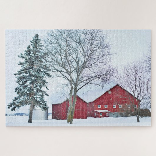 Rustikale Rote Landschaft mit Winterschnee Landsch Puzzle (Horizontal)