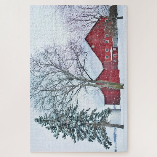Rustikale Rote Landschaft mit Winterschnee Landsch Puzzle (Vertikal)