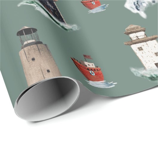 Rustikale rote Leuchttürme Boote in Sturmsee 2 Geschenkpapier (Rolleneckpunkt)