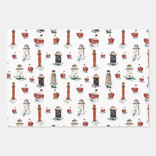 Rustikale rote Leuchttürme und Boote in Sturmsee Geschenkpapier Set (Vorderseite 3)