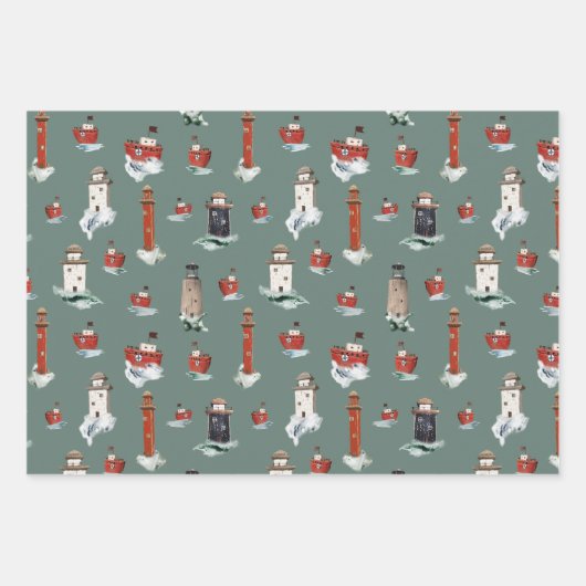 Rustikale rote Leuchttürme und Boote in Sturmsee Geschenkpapier Set (Vorderseite 2)