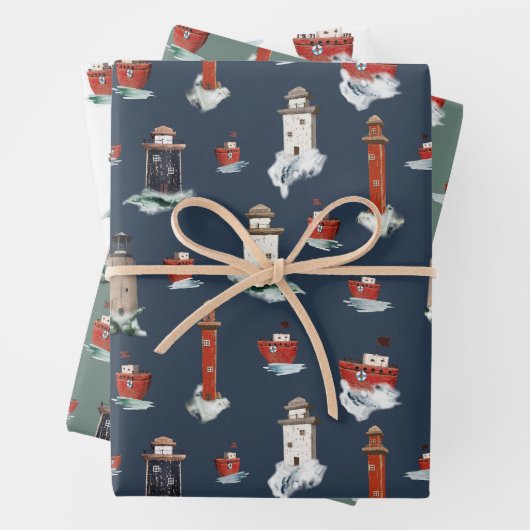 Rustikale rote Leuchttürme und Boote in Sturmsee Geschenkpapier Set (Beispiel)