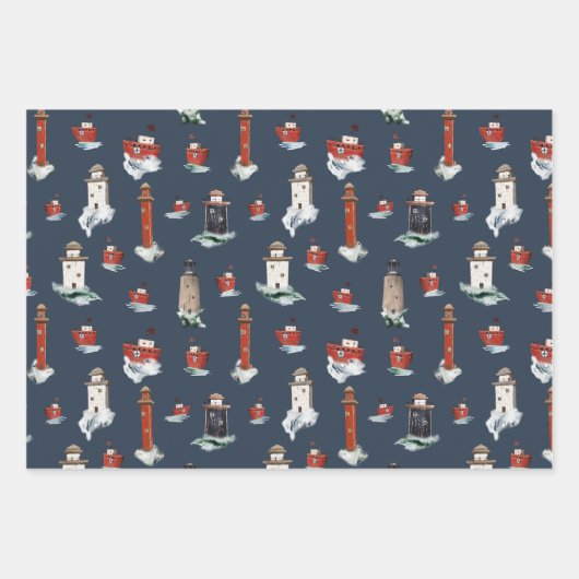Rustikale rote Leuchttürme und Boote in Sturmsee Geschenkpapier Set (Vorderseite)