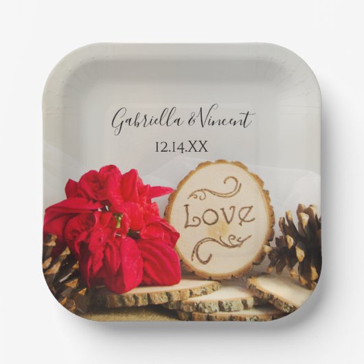 Rustikale Rote Poinsettia Woodland Winter Wedding Pappteller (Vorderseite)