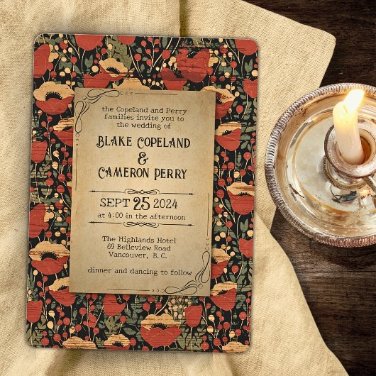 Rustikale rote Poppies, Vintage Hochzeit von Holz Einladung