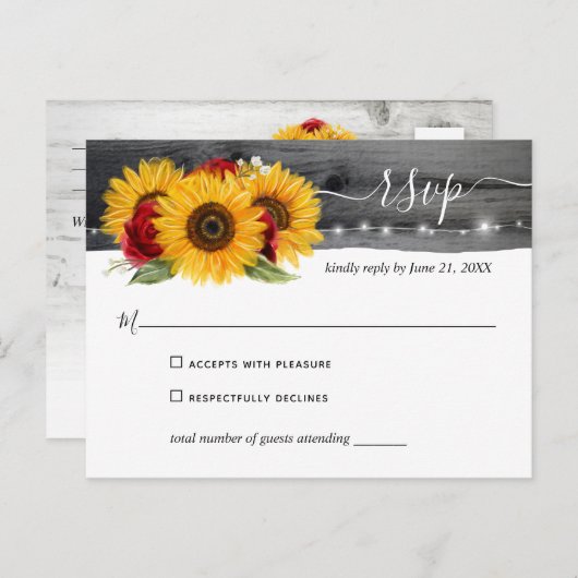 Rustikale Rote Rose Sonnenblumen Hochzeit RSVP Postkarte (Vorne/Hinten)