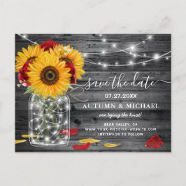 Rustikale Rote Rose Sonnenblumenhochzeit rettet da Ankündigungspostkarte