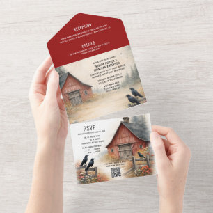 Rustikale rote Scheune, Krähen, ländliche Hochzeit All In One Einladung