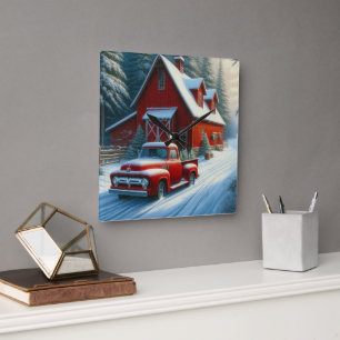 Rustikale rote Scheune und alter Lastwagen  Quadratische Wanduhr