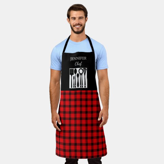 rustikale rote schwarze karierte Monogrammbezeichn Schürze (Getragen)