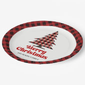 Rustikale rote schwarze Karo-Weihnachtsbaum-Papier Pappteller (Schrägansicht)