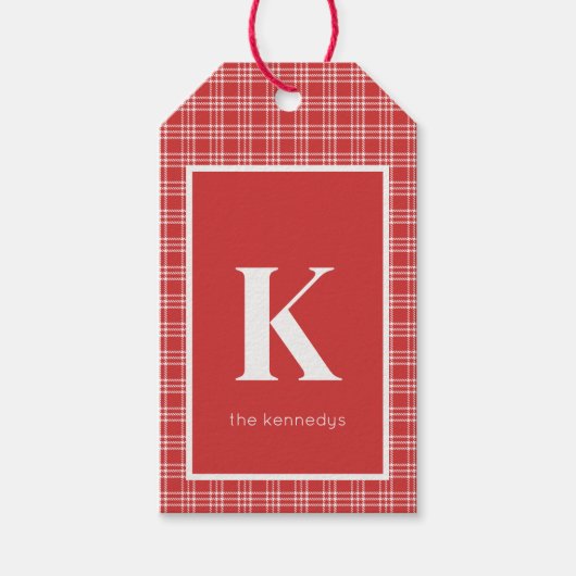 Rustikale rote und Karierte Monogramm Geschenkanhänger (Vorderseite)