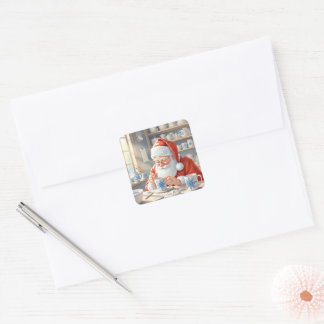 Rustikale rote Weihnachts-Wasserfarbe-Santa-Worksh Quadratischer Aufkleber