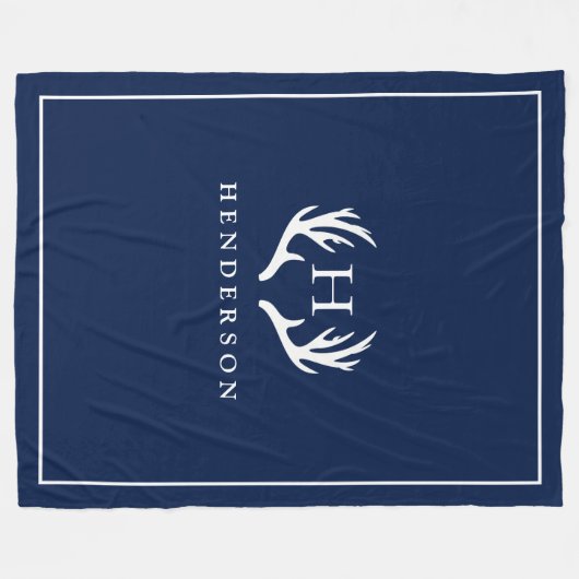 Rustikale Rotwild-Geweih-Monogramm-Marine Fleecedecke (Vorderseite (Horizontal))