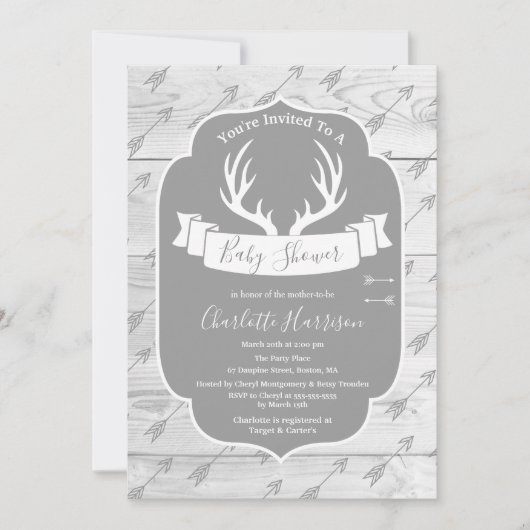 Rustikale Rotwild-Geweihe grau u. weiße hölzerne Einladung (Vorderseite)