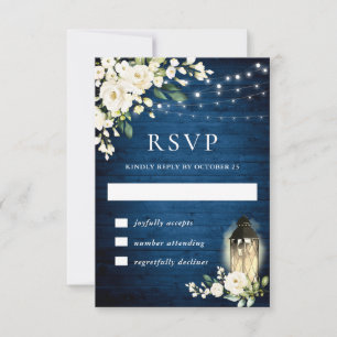 Rustikale RSVP-Karte aus blauem Holz, Weißrosen, W RSVP Karte