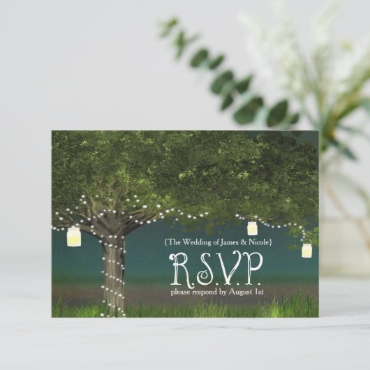 Rustikale RSVP-Karte für Baum- und String-Lights Einladung (Stehend Vorderseite)