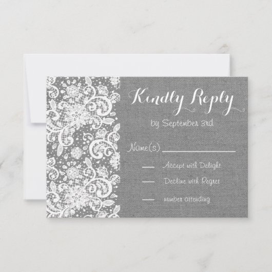 Rustikale RSVP-Karte mit grauem Einbruch und Spitz RSVP Karte (Vorderseite)