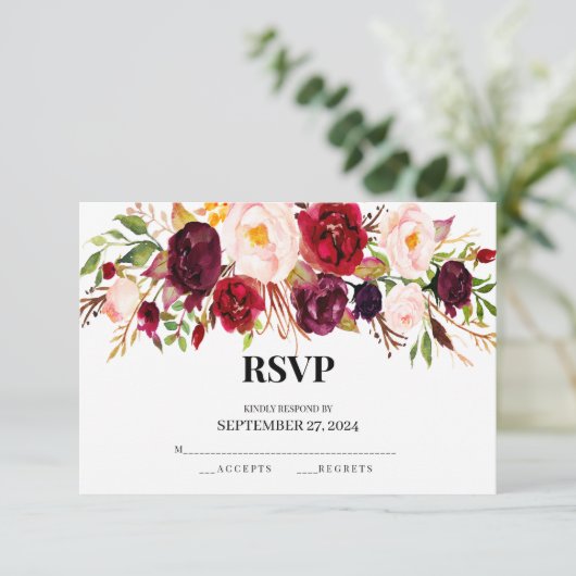 rustikale Rsvp-Karten, elegant, bordeauxrot, Holz Einladung (Stehend Vorderseite)