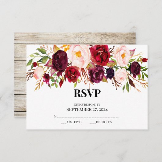 rustikale Rsvp-Karten, elegant, bordeauxrot, Holz Einladung (Vorne/Hinten)
