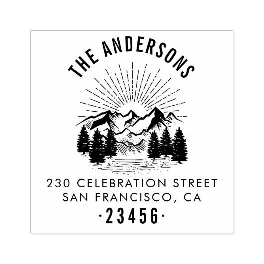 Rustikale Rücksendeadresse, Pinienbäume und Sonnen Gummistempel (Prägung)