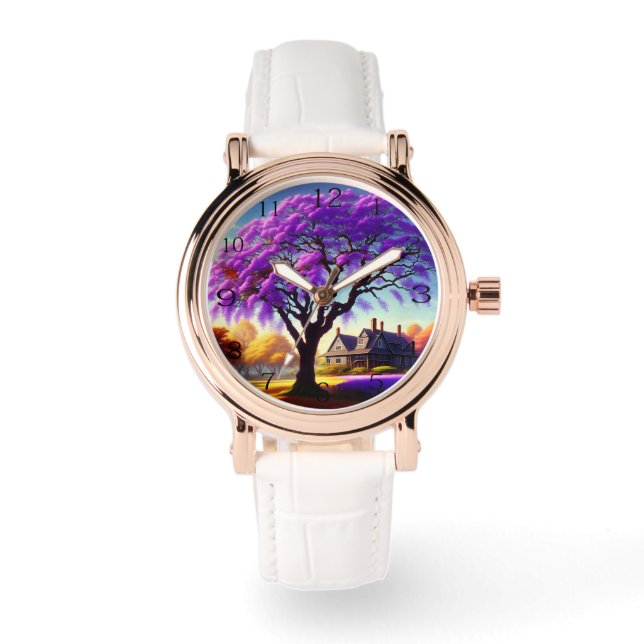 **"Rustikale Ruhe: Die Lila Jacaranda Embrace Armbanduhr (Vorderseite)