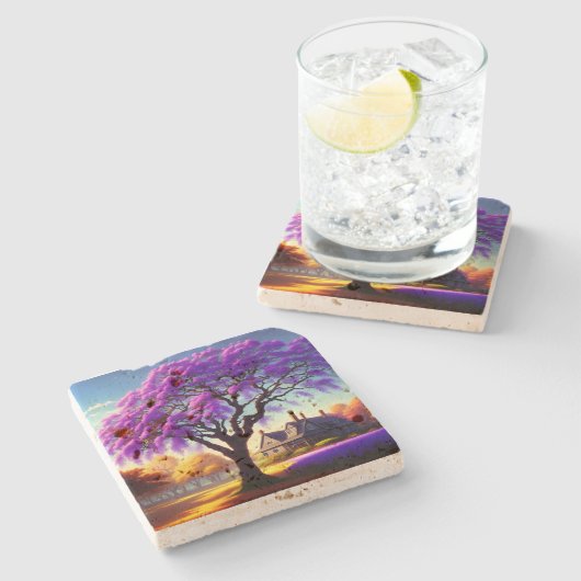 **"Rustikale Ruhe: Die Lila Jacaranda Embrace Steinuntersetzer (Seitenansicht)