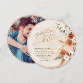 Rustikale, runde, holzgeschnittene Körner Save the Einladung (Vorne/Hinten)