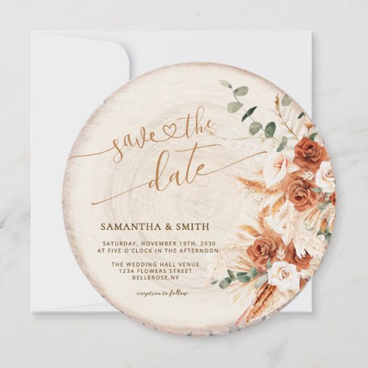 Rustikale, runde, holzgeschnittene Körner Save the Einladung (Vorderseite)