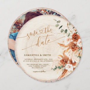 Rustikale, runde, holzgeschnittene Körner Save the Einladung