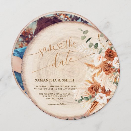 Rustikale, runde, holzgeschnittene Körner Save the Einladung (Vorne/Hinten)